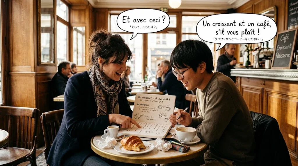 カフェで友人とフランス語を楽しむ学習者の様子