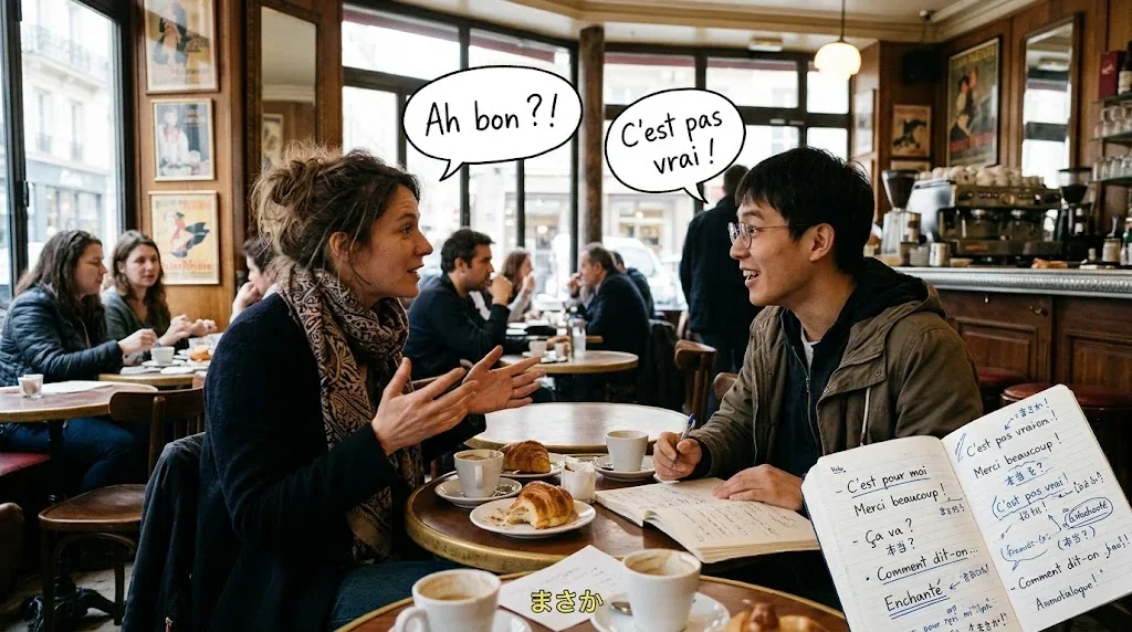 カフェでフランス語のフレーズを学ぶシーンを描いた画像