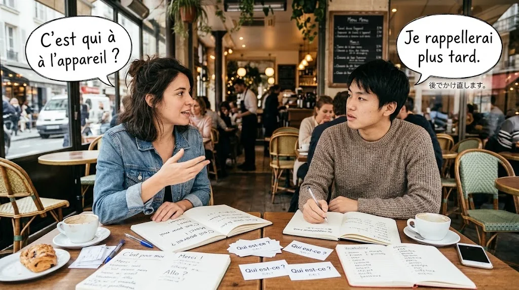 カフェで友人と会話練習をしている様子