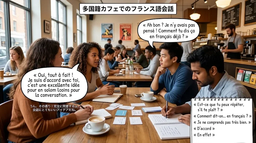 カフェで楽しく会話を練習する学習シーン