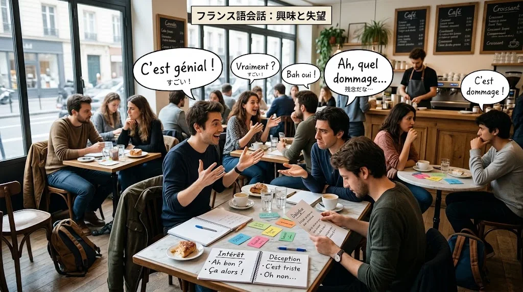 楽しく会話しながら表現を練習しているカフェの情景