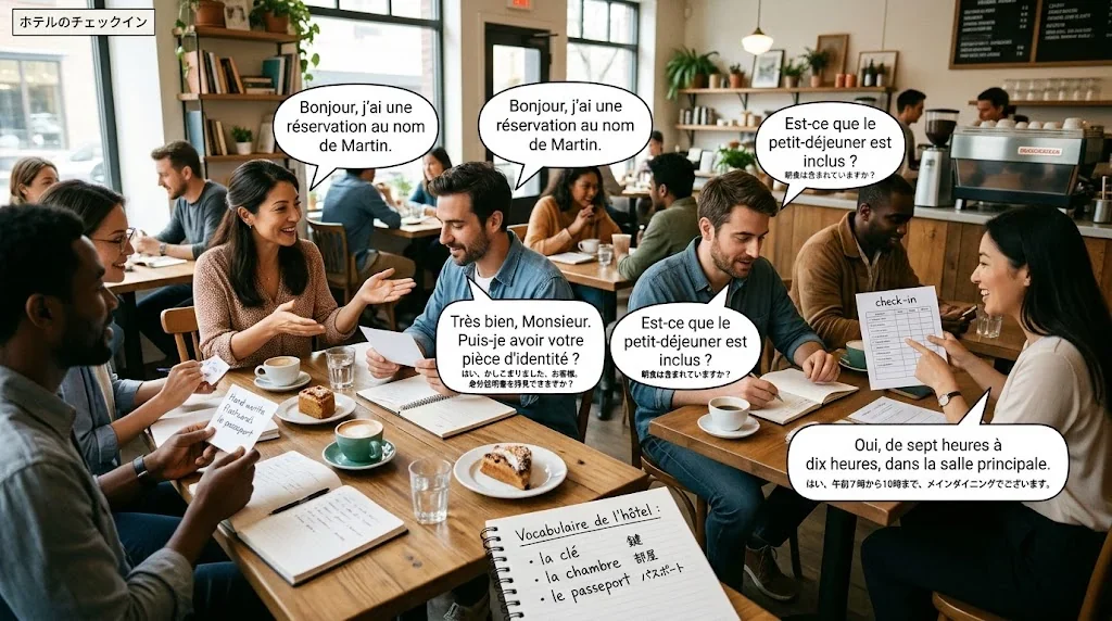 楽しいカフェで会話練習をしているシーンを描いたイラスト。