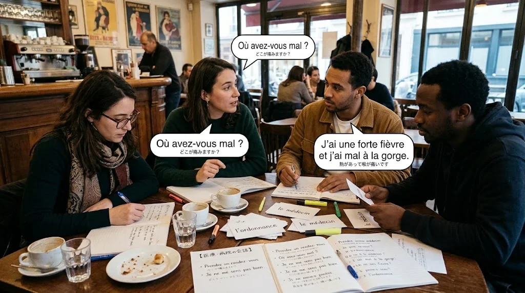 カフェで楽しくフランス語を学ぶ友人たちのシーン